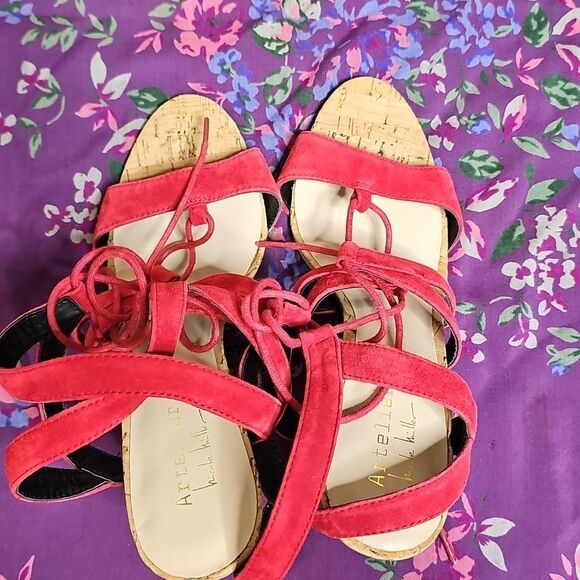 NEW Nicole Miller Artelier 8.5 Tate Red Lace Up Suede Strappy Heels Cork - Picture 10 of 10